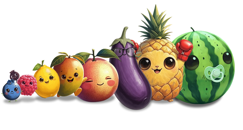 Lineup of various fruit characters in a garden